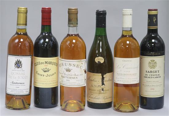 One bottle of Clos du Marquis, 1991, one Sarget du Chateau Gruade Larose, 1992 and four whites.